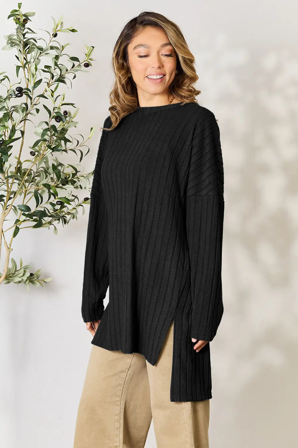 Basic Bae Full Size Ribbed Round Neck Long Sleeve Slit Top - LoveNest Treasures