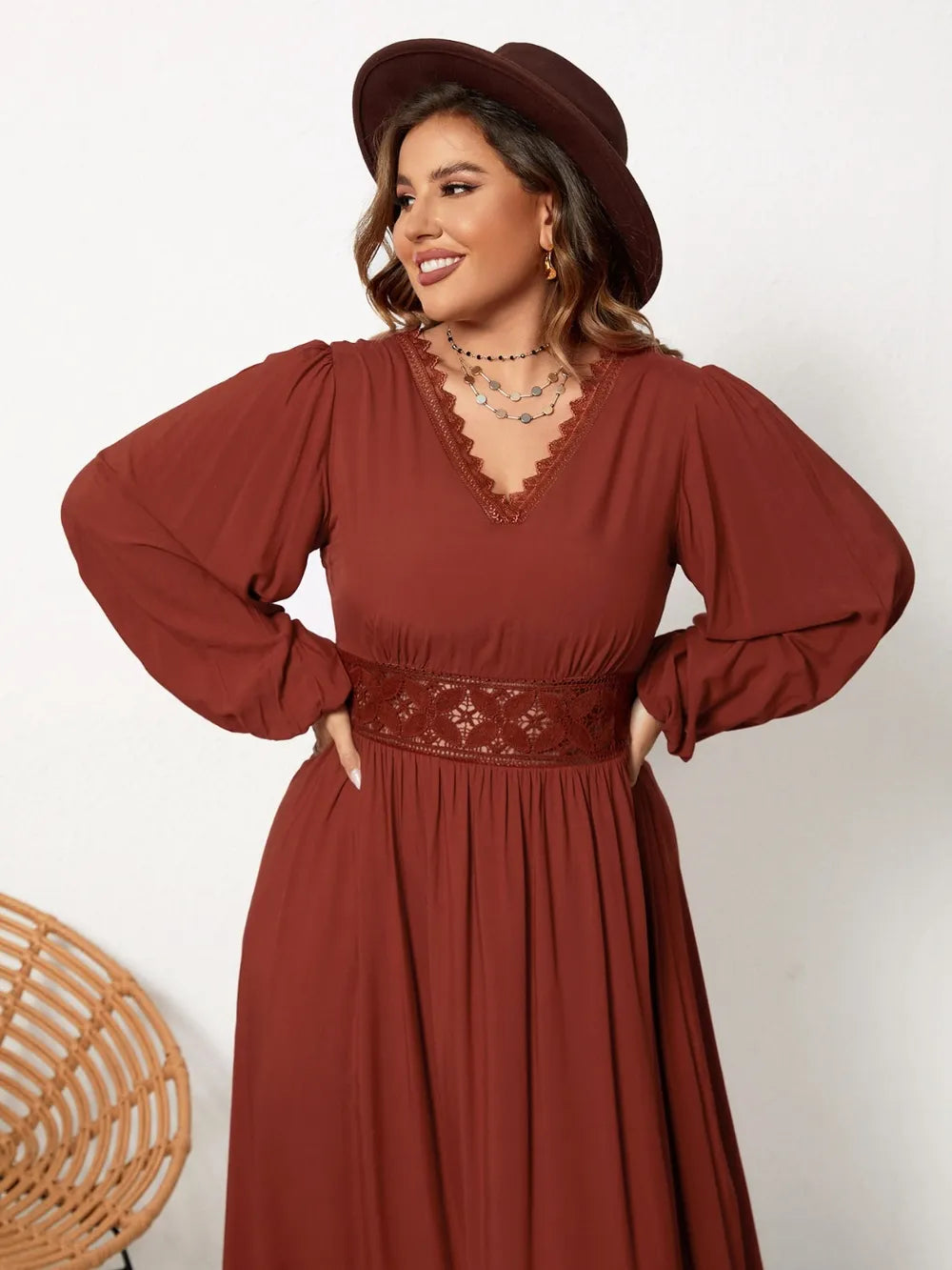 Plus Size Lace Detail V-Neck Balloon Sleeve Dress - LoveNest Treasures