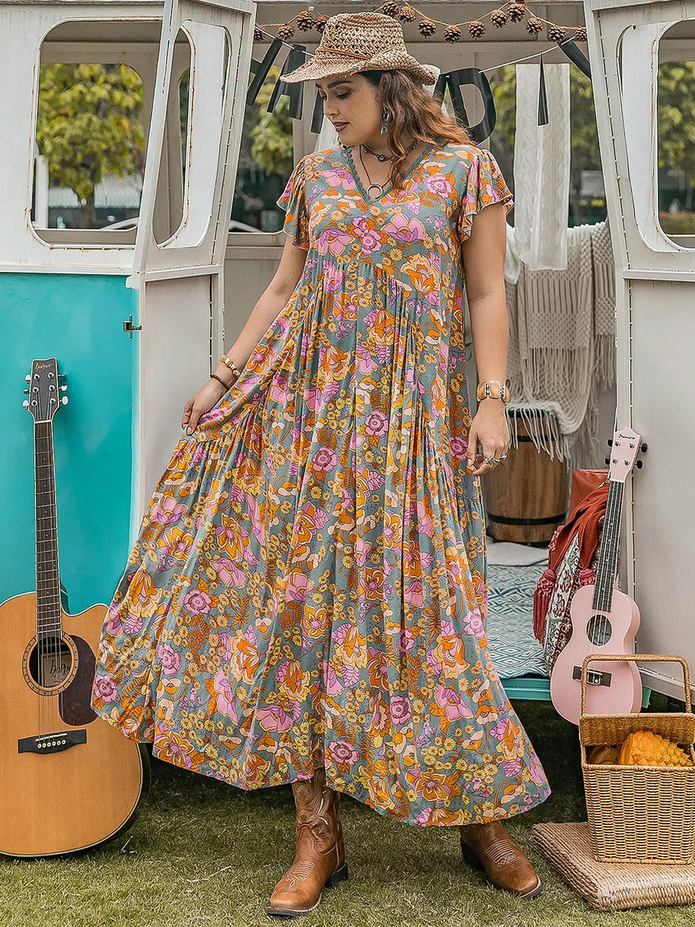 Plus Size Ruffled Printed Cap Sleeve Dress - LoveNest Treasures