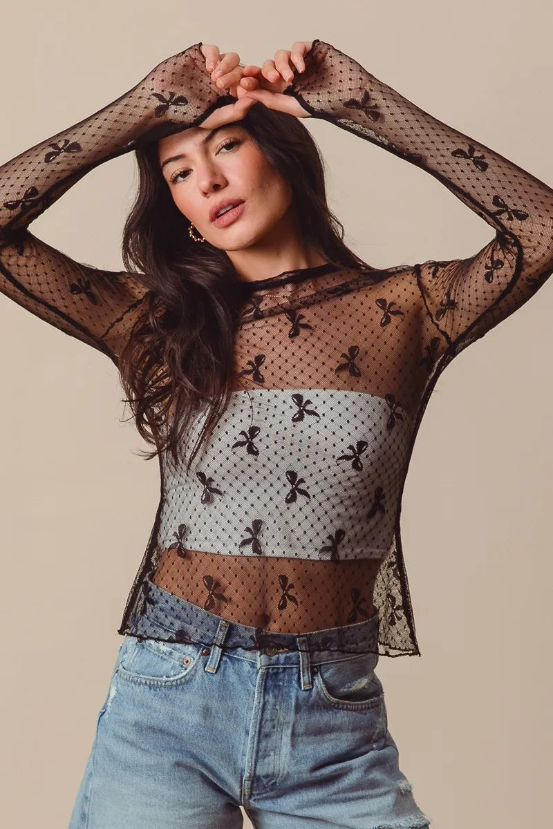 SO ME Bow Ribbon Pattern Sheer Lace Top - LoveNest Treasures