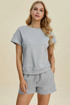 Double Take Full Size Texture Short Sleeve Top and Shorts Set - LoveNest Treasures