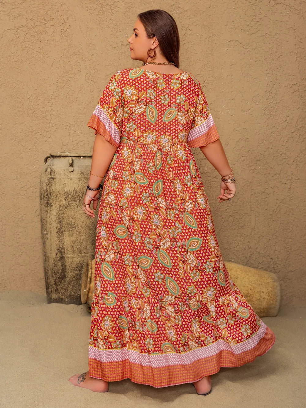 Plus Size Printed Tie Neck Flutter Sleeve Maxi Dress - LoveNest Treasures