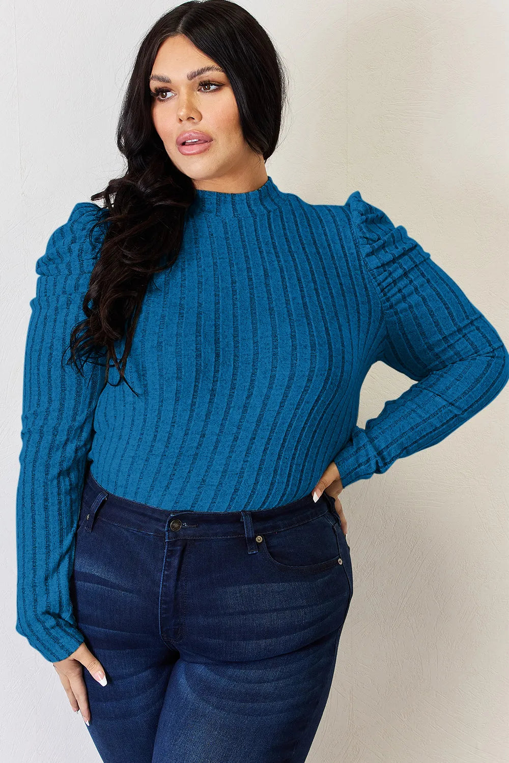 Basic Bae Full Size Ribbed Mock Neck Puff Sleeve T-Shirt - LoveNest Treasures