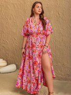 Plus Size Slit Floral V-Neck Half Sleeve Maxi Dress - LoveNest Treasures
