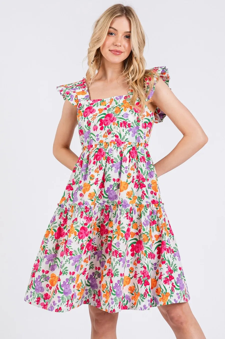Mittoshop Flower Print Ruffle Shoulder A-line Mini Dress - LoveNest Treasures