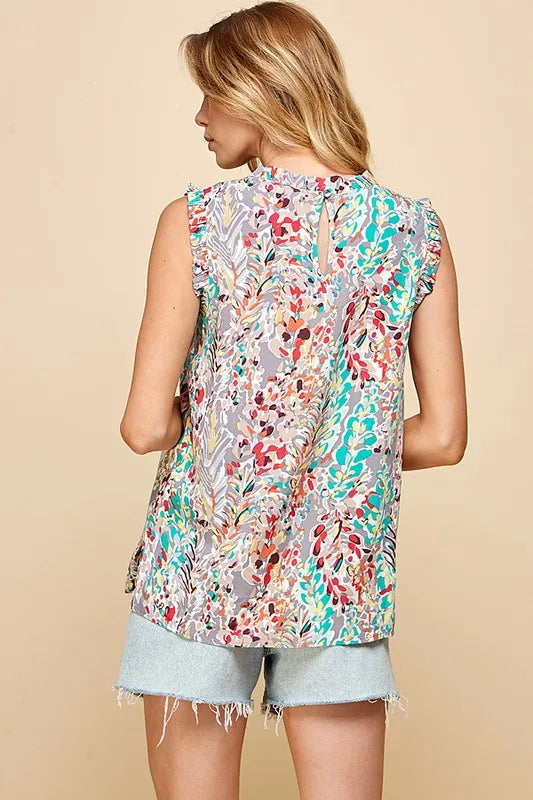 Lime 'N' Chili Full Size Graphic Print Ruffle Trim Mock Neck Sleeveless Top Plus Size - LoveNest Treasures