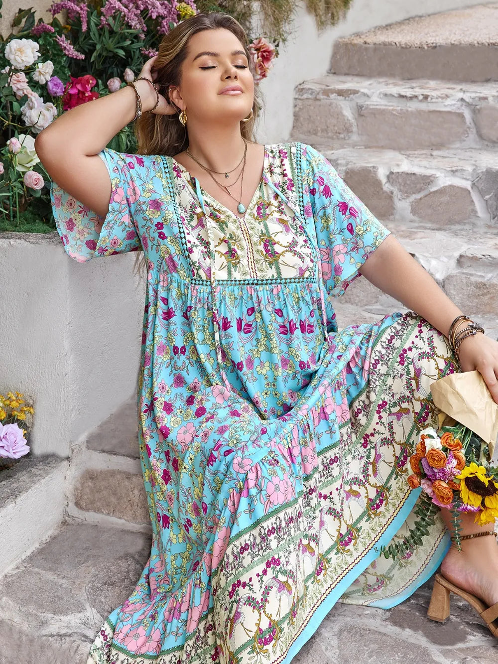 Plus Size Printed Tie Neck Flutter Sleeve Maxi Dress - LoveNest Treasures