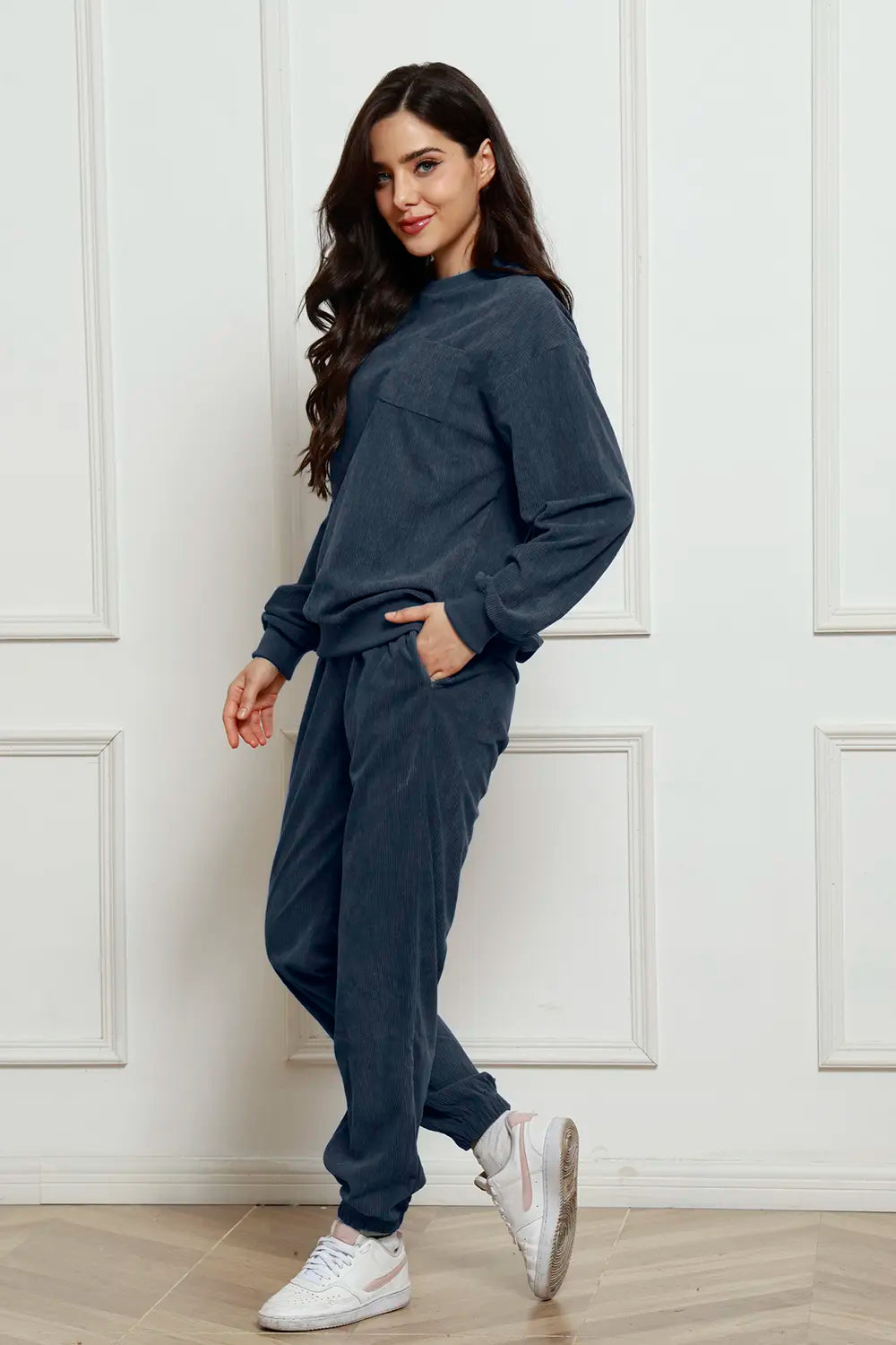 Corduroy Round Neck Sweatshirt and Sweatpants Set - LoveNest Treasures