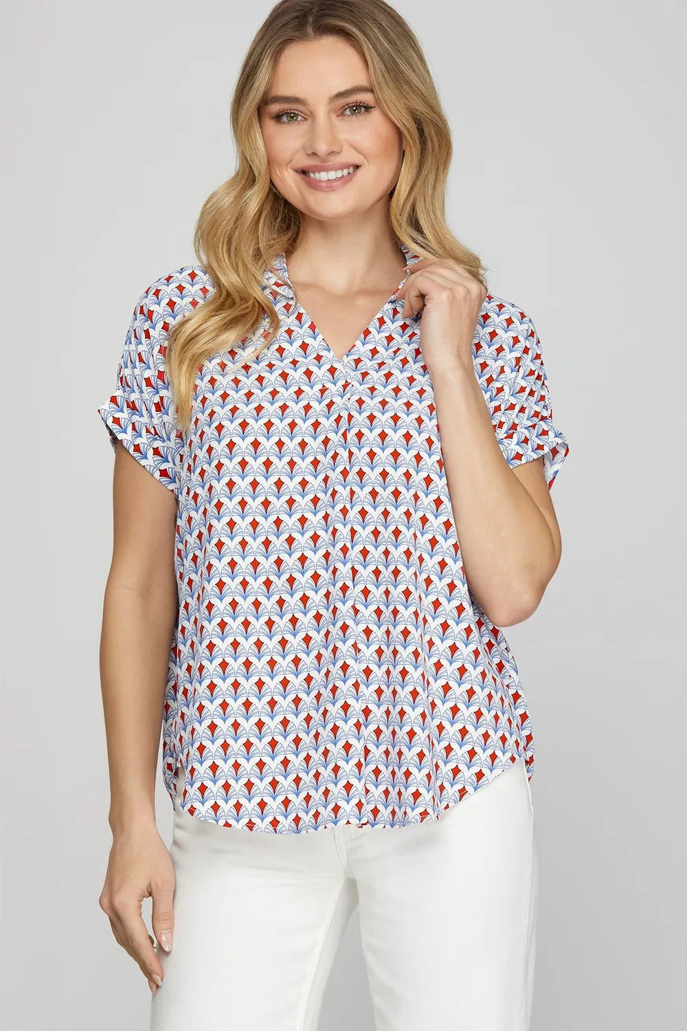 She + Sky Full Size Printed Johnny Collar Short Sleeve Blouse Plus Size - LoveNest Treasures