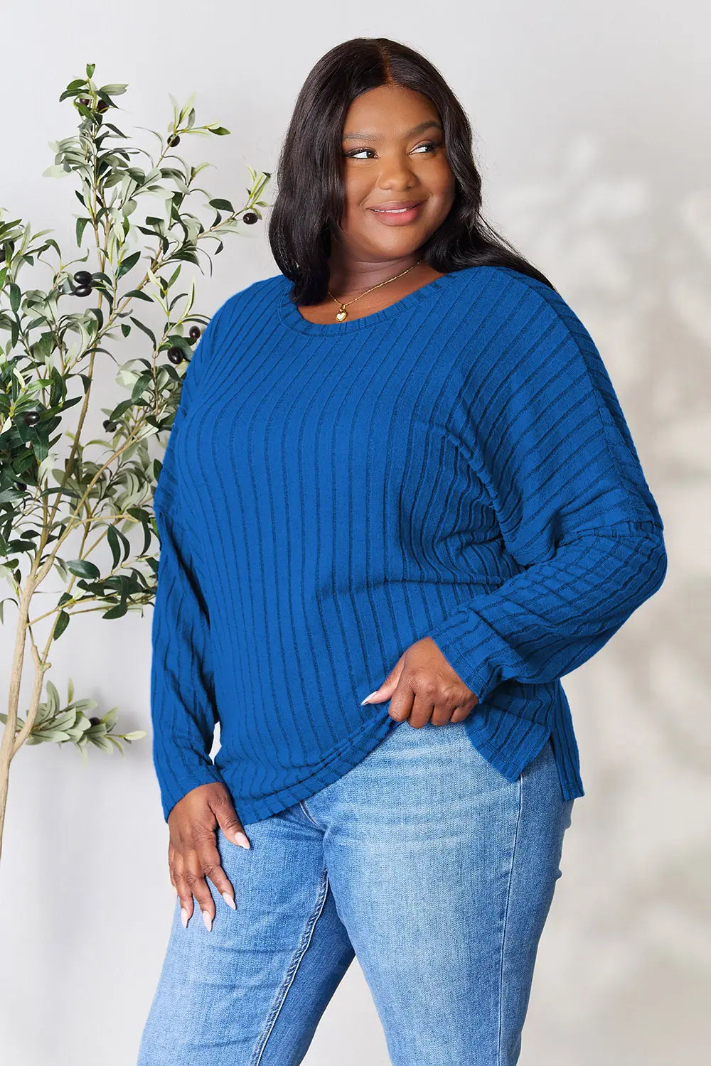 Basic Bae Full Size Ribbed Round Neck Slit Knit Top - LoveNest Treasures