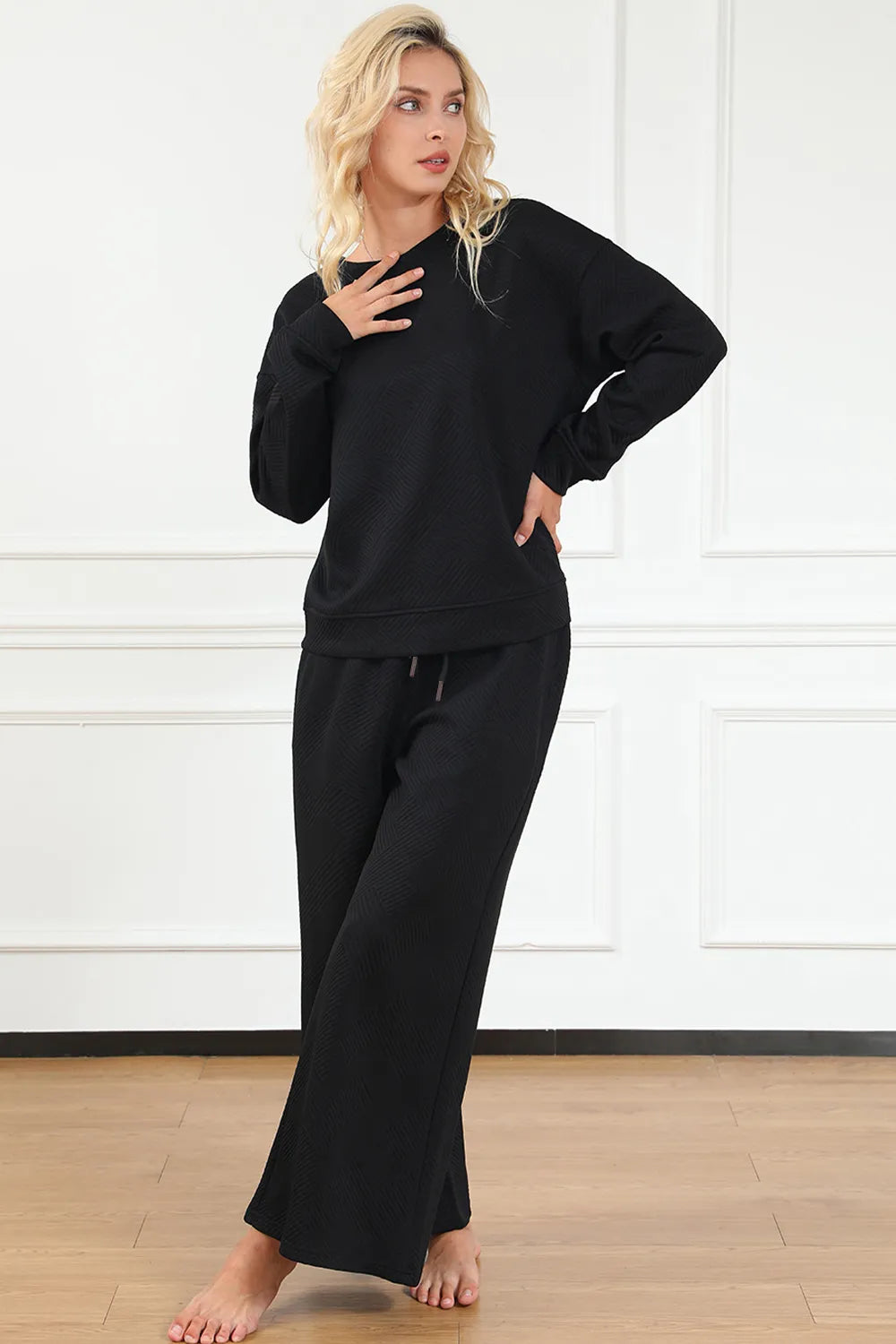 Double Take Full Size Textured Long Sleeve Top and Drawstring Pants Set - LoveNest Treasures
