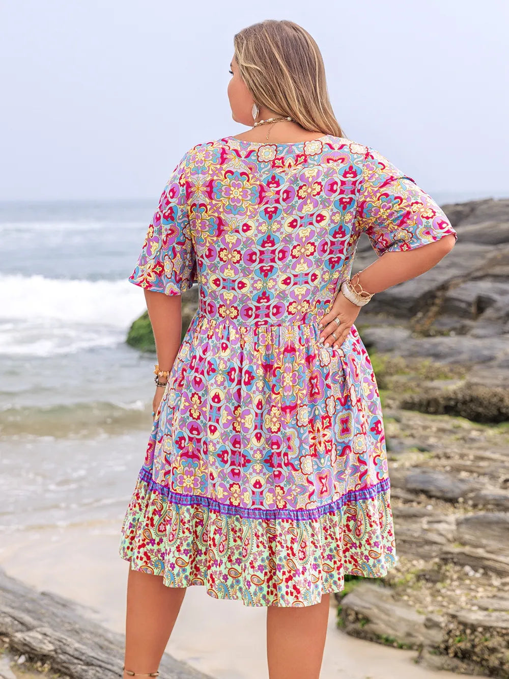Plus Size Lace Detail Printed Half Sleeve Dress - LoveNest Treasures
