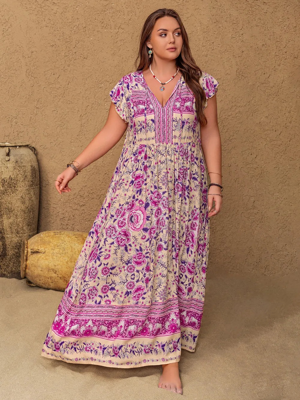 Plus Size Printed V-Neck Cap Sleeve Maxi Dress - LoveNest Treasures
