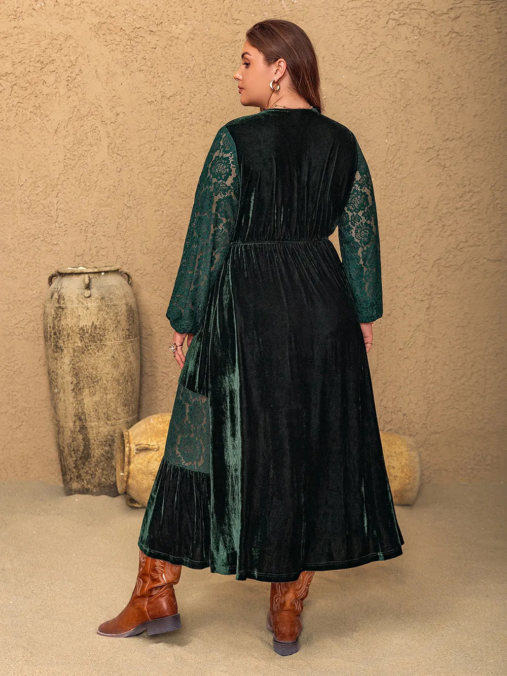 Plus Size Lace Patchwork V-Neck Balloon Sleeve Midi Dress - LoveNest Treasures