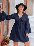 Plus Size Tie Front V-Neck Flare Sleeve Dress - LoveNest Treasures