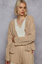 POL Button Down V-Neck Crochet Cardigan - LoveNest Treasures