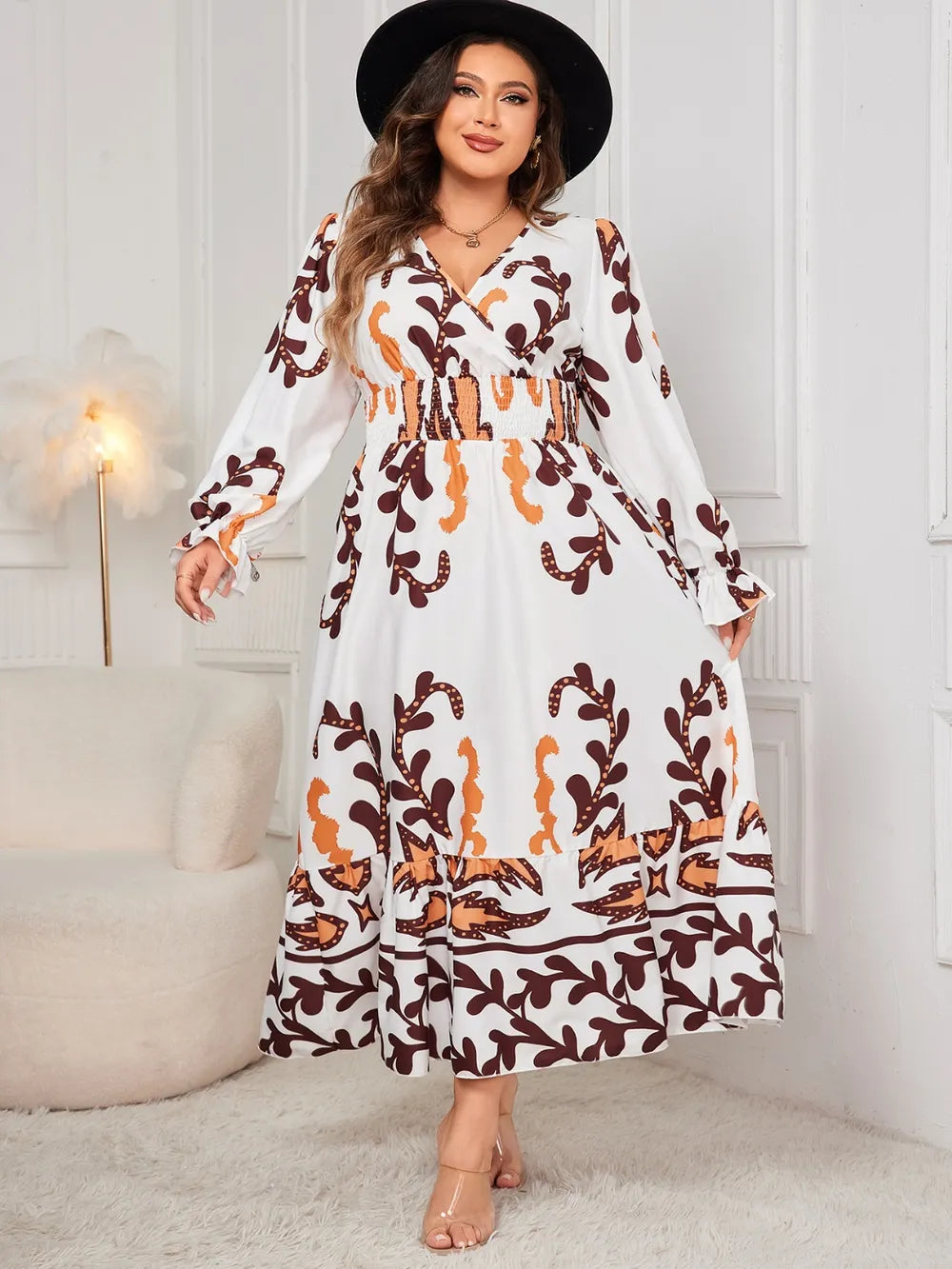 Honey Plus Size Printed Surplice Flounce Sleeve Dress - LoveNest Treasures