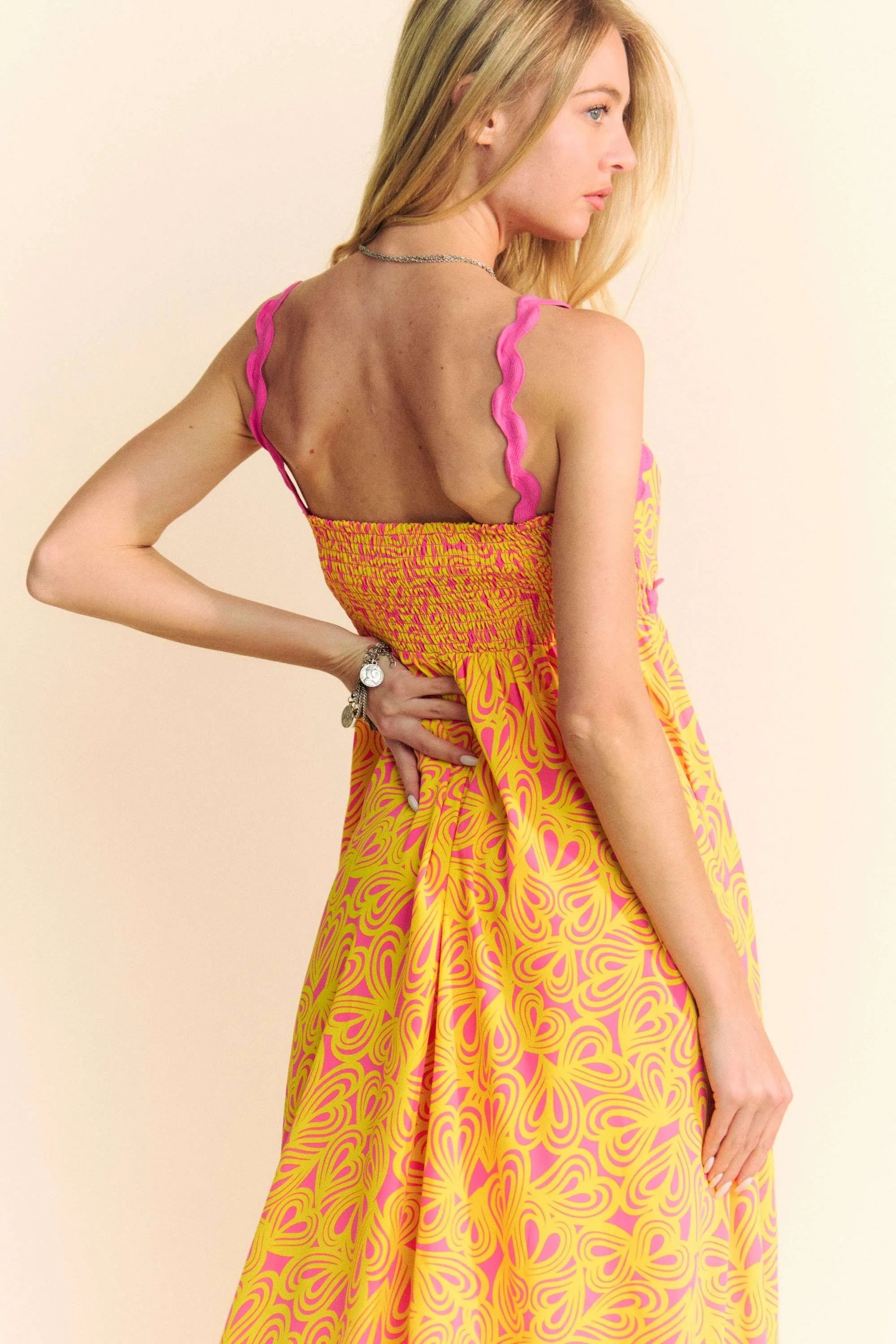 Davi & Dani Geo 2 Tone Printed Wavi Trim Tiered Maxi Dress - LoveNest Treasures