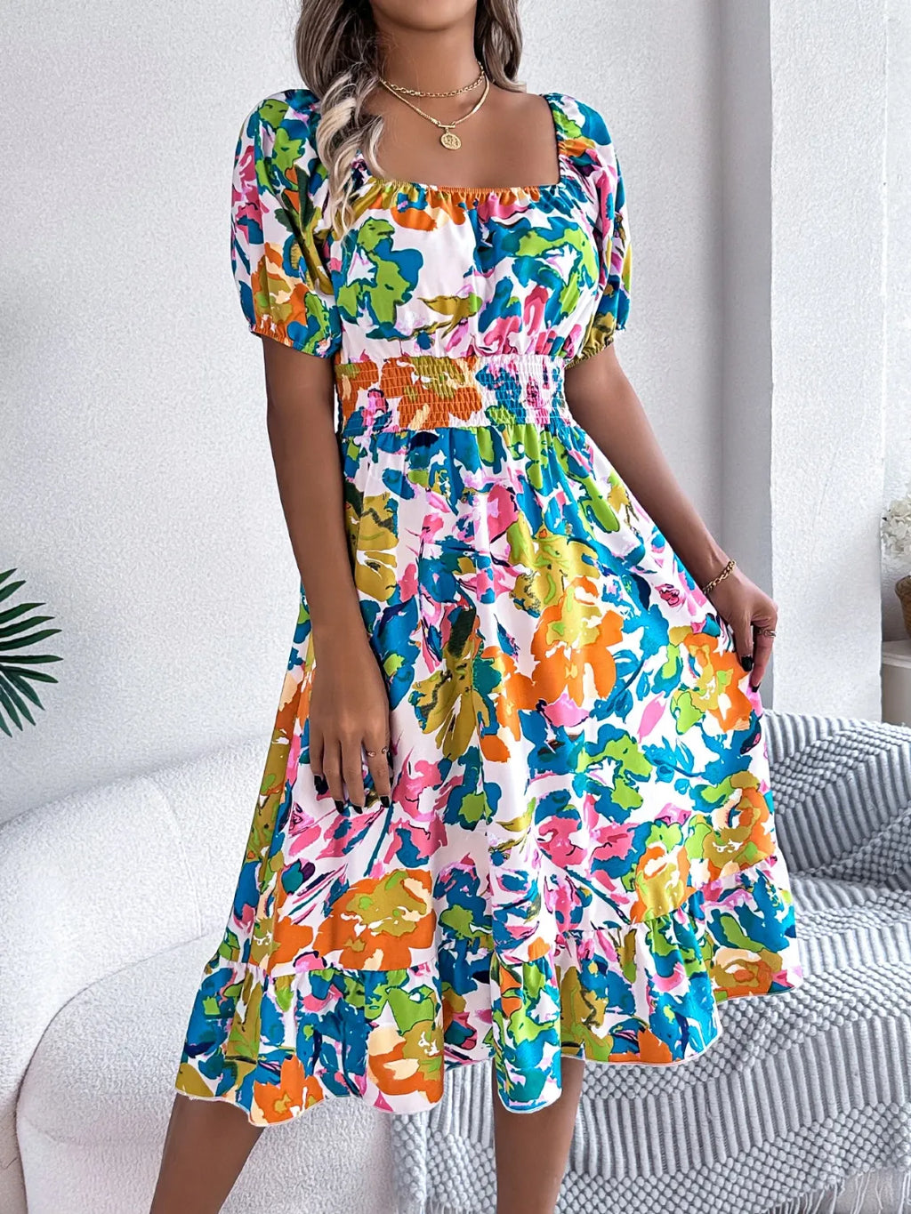 Ruffled Hem Smocked Floral Short Sleeve Midi Dress - LoveNest Treasures