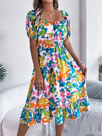 Ruffled Hem Smocked Floral Short Sleeve Midi Dress - LoveNest Treasures