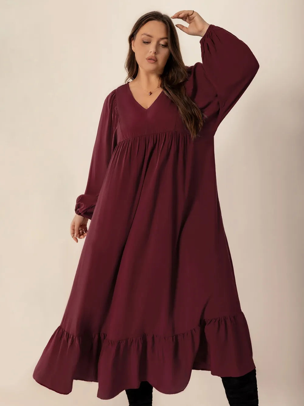 Plus Size Ruffled Hem V-Neck Balloon Sleeve Dress - LoveNest Treasures