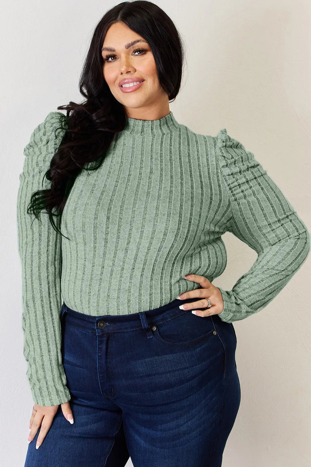 Basic Bae Full Size Ribbed Mock Neck Puff Sleeve T-Shirt - LoveNest Treasures