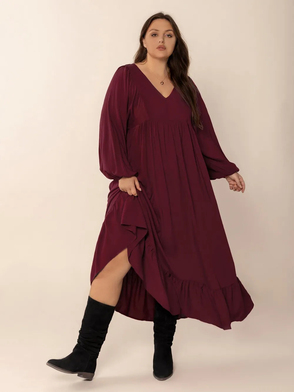 Plus Size Ruffled Hem V-Neck Balloon Sleeve Dress - LoveNest Treasures