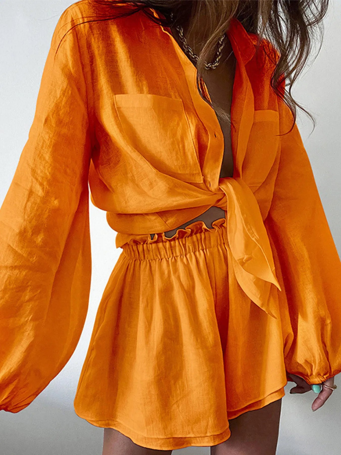 Full Size Button Up Balloon Sleeve Top and Shorts Set Plus Size - LoveNest Treasures