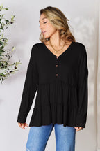 Double Take Half Button Long Sleeve Ruffle Hem Blouse - LoveNest Treasures