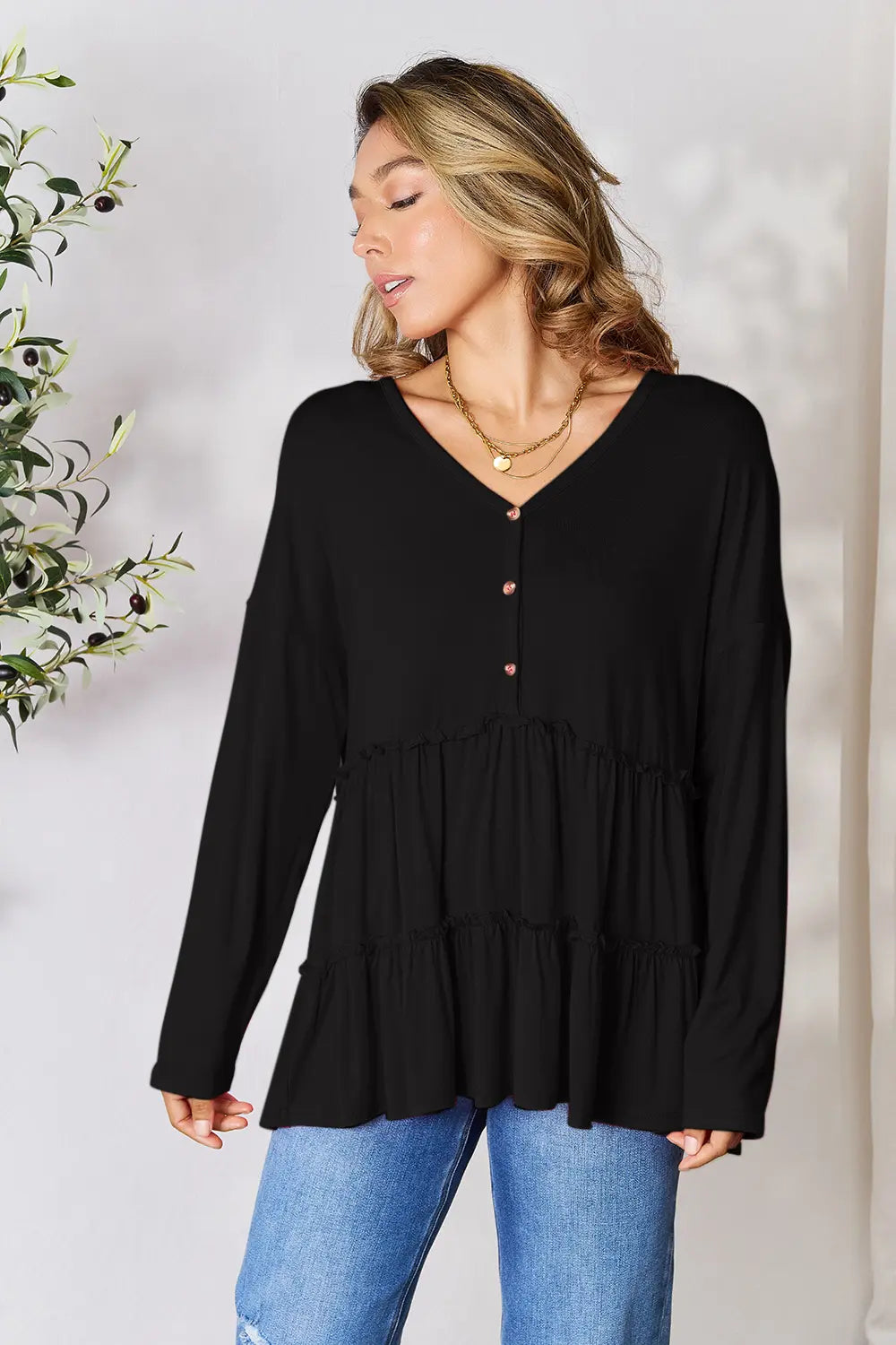 Double Take Half Button Long Sleeve Ruffle Hem Blouse - LoveNest Treasures