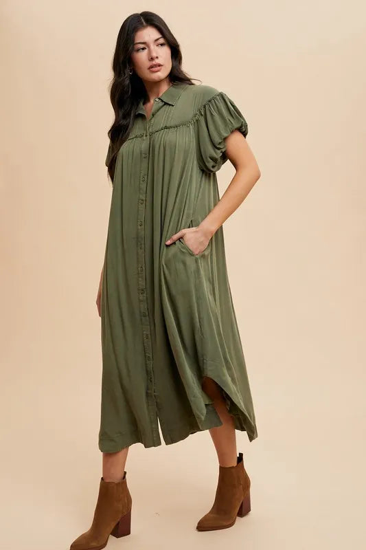 Annie Wear Mineral Washed Button Down Puff Sleeve Shirt Dress - LoveNest Treasures