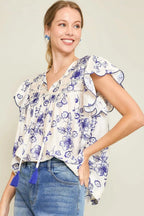 Umgee Full Size Floral Print Tassel Tie Neck Scalloped Sleeve Blouse Plus Size - LoveNest Treasures
