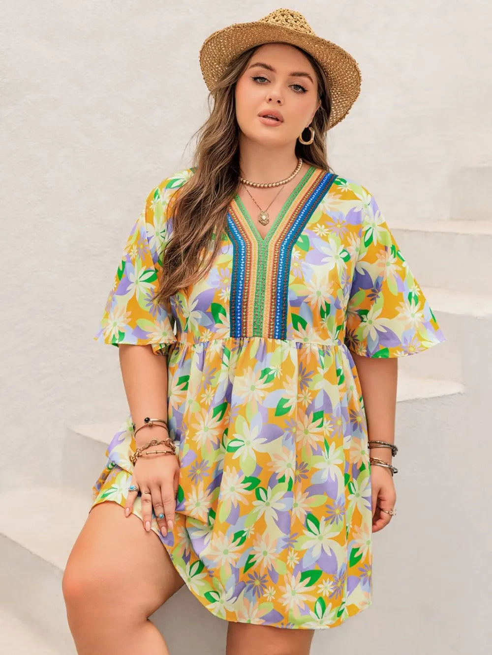Plus Size Printed V-Neck Half Sleeve Mini Dress - LoveNest Treasures