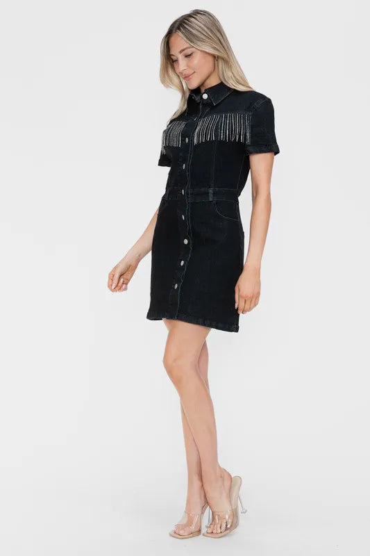 Full Size Embellished Button Down Short Sleeve Denim Dress - LoveNest Treasures