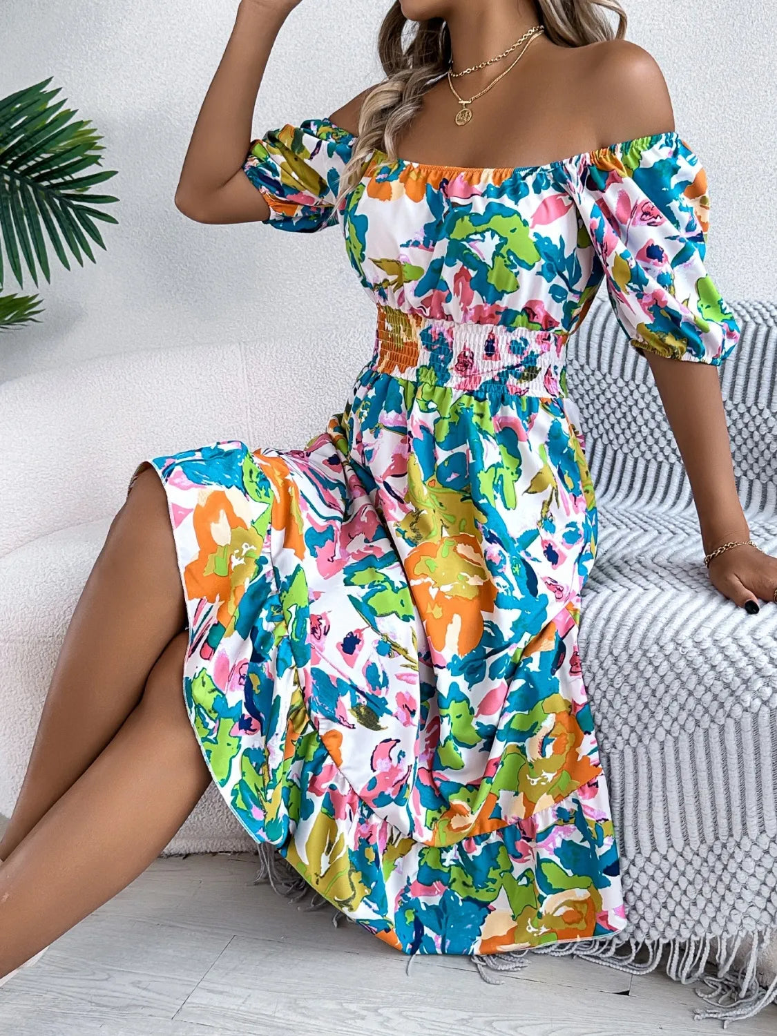 Ruffled Hem Smocked Floral Short Sleeve Midi Dress - LoveNest Treasures