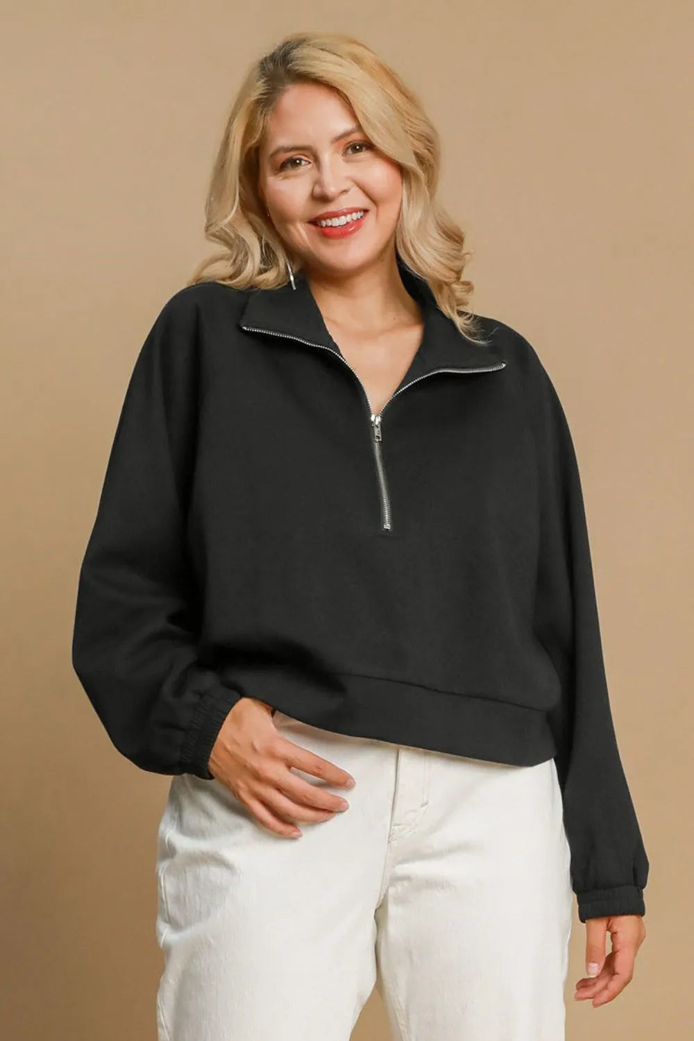 Umgee Full Size Half Zip Cropped Sweatshirt Plus Size - LoveNest Treasures