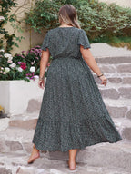 Plus Size Printed V-Neck Flutter Sleeve Midi Dress - LoveNest Treasures
