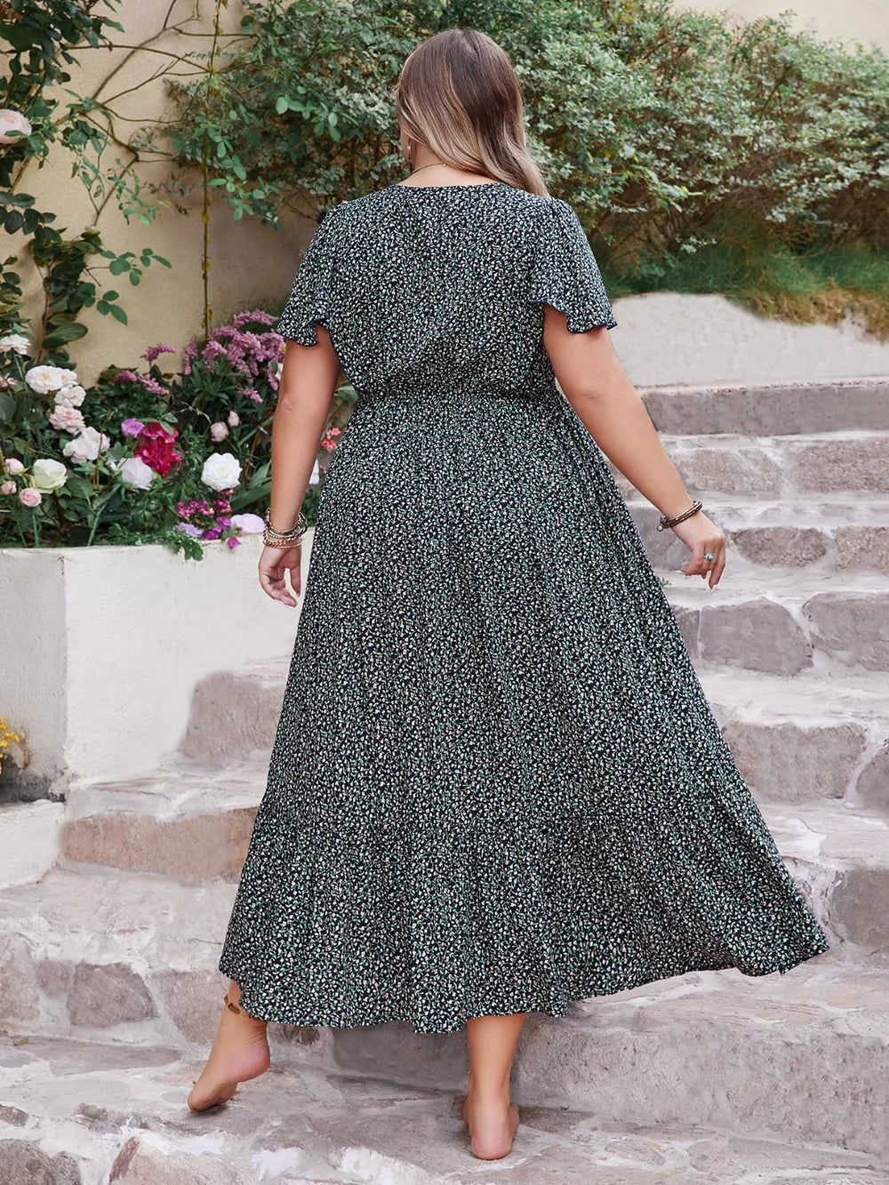 Plus Size Printed V-Neck Flutter Sleeve Midi Dress - LoveNest Treasures