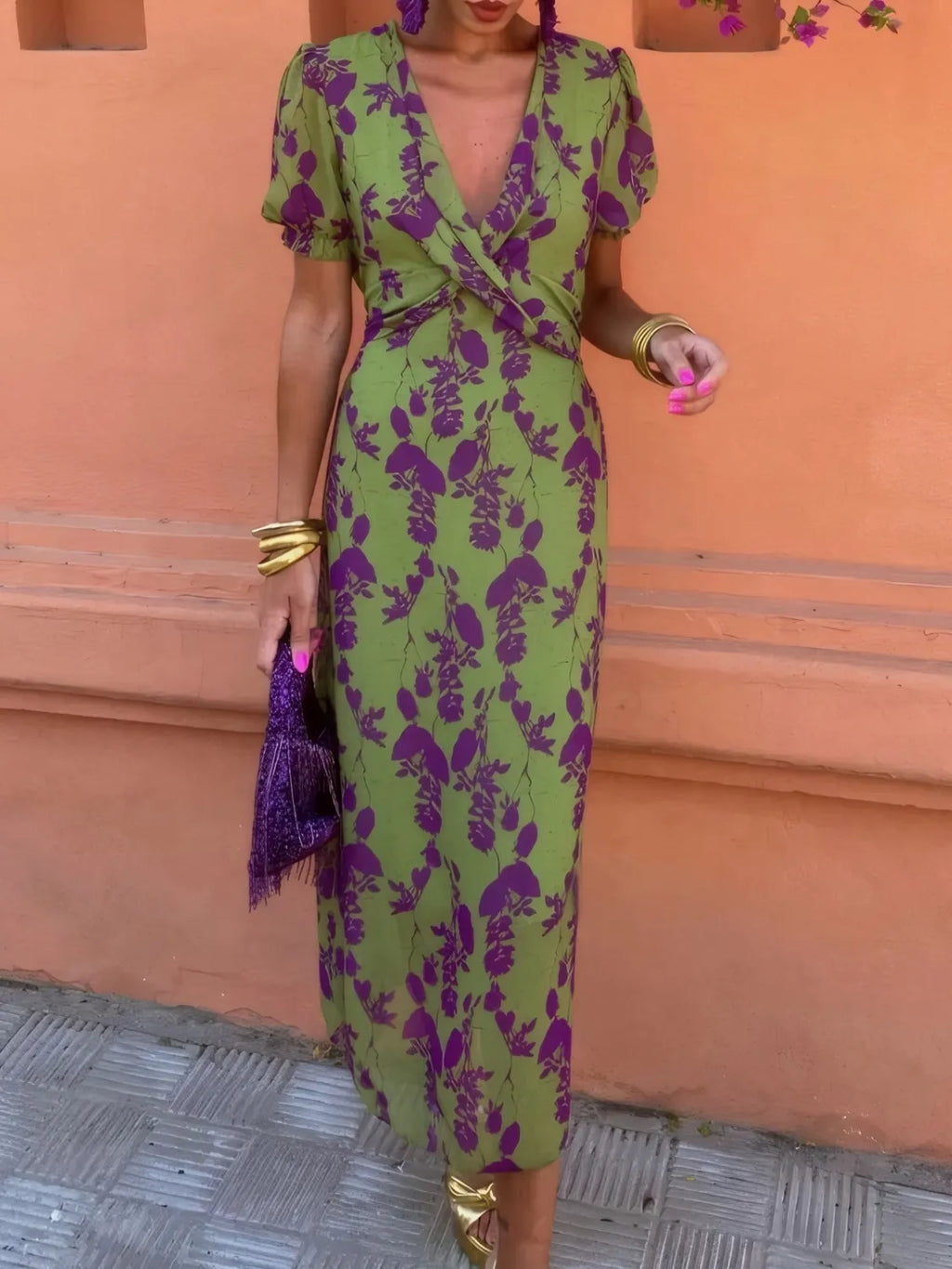 Printed Plunge Short Sleeve Midi Dress - LoveNest Treasures
