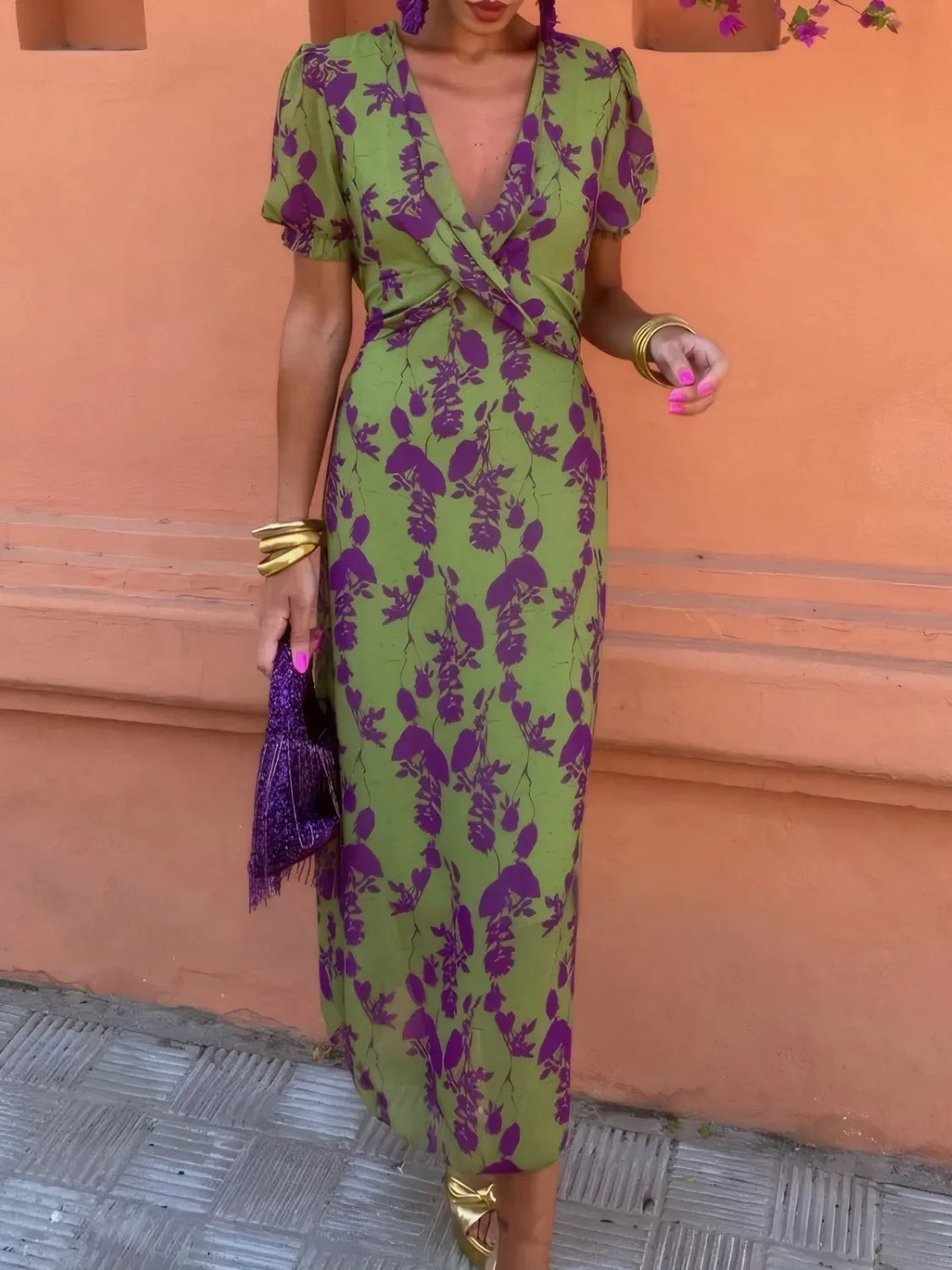 Printed Plunge Short Sleeve Midi Dress - LoveNest Treasures