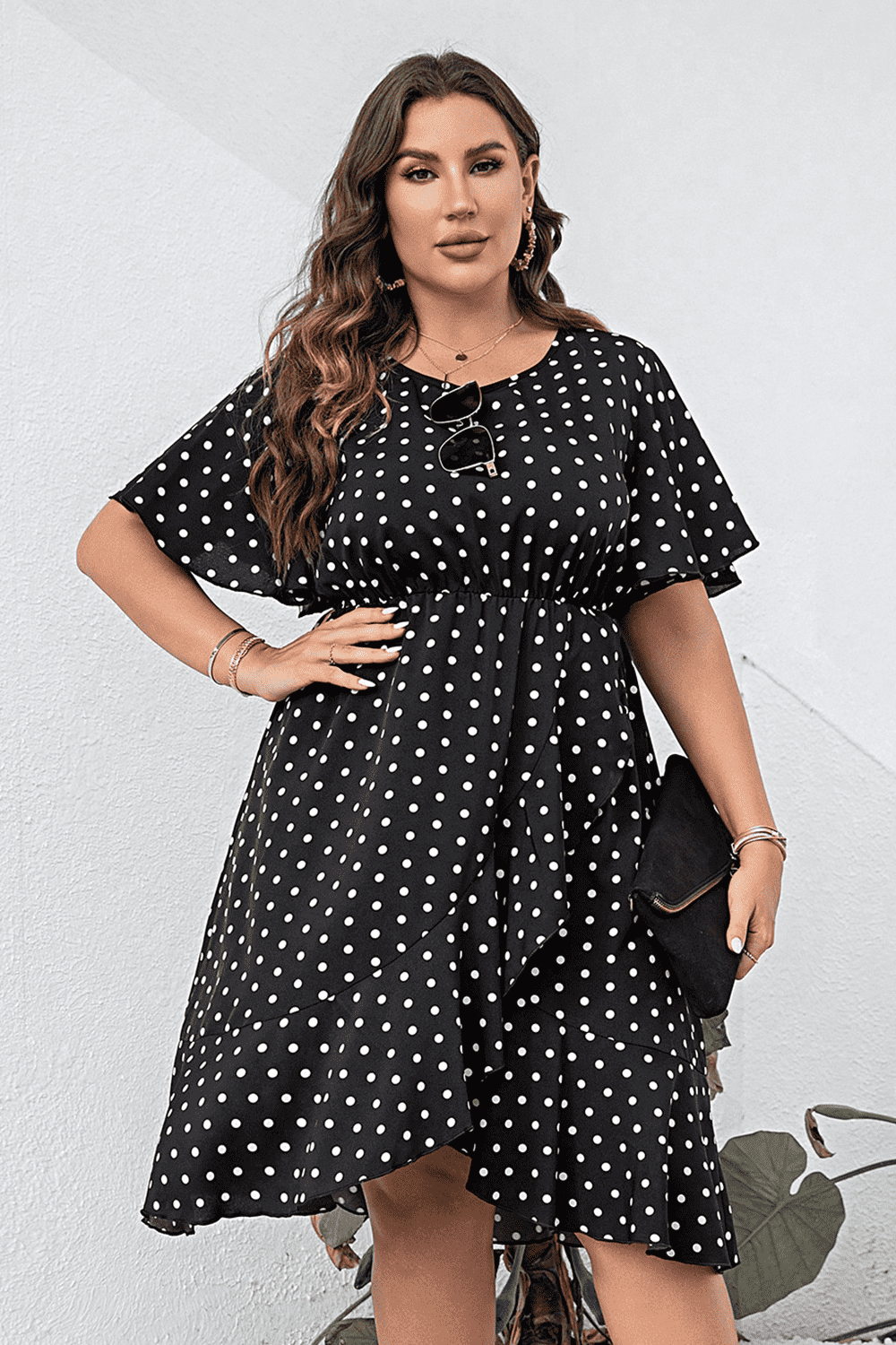 Plus Size Polka Dot Flutter Sleeve Dress - LoveNest Treasures