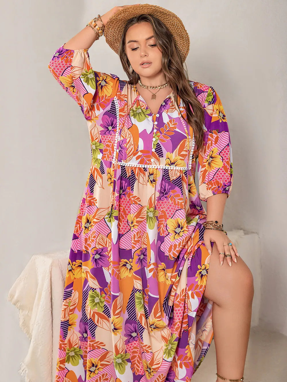 Plus Size Printed Tie Neck Maxi Dress - LoveNest Treasures