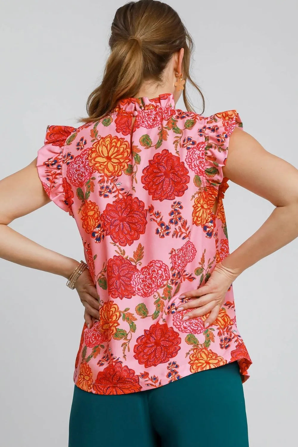 Umgee Full Size Floral Print Ruffled Cap Sleeve Blouse Plus Size - LoveNest Treasures