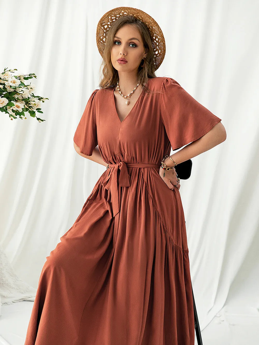 Plus Size V-Neck Flutter Sleeve Midi Dress - LoveNest Treasures