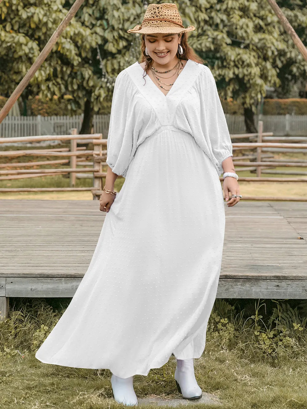Plus Size Swiss Dot V-Neck Three-Quarter Sleeve Dress - LoveNest Treasures