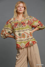 Umgee Full Size Border Print Notched 3/4 Puff Sleeve Blouse Plus Size - LoveNest Treasures