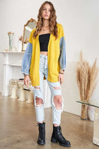 ADORA Full Size Frayed Denim Sleeve Sweater Cardigan Plus Size - LoveNest Treasures