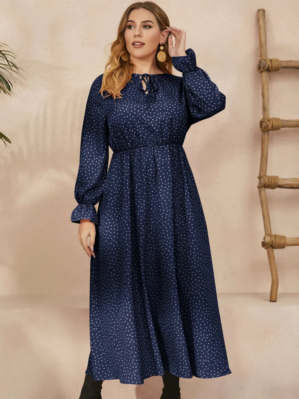 Honey Plus Size Ruffled Polka Dot Long Sleeve Midi Dress - LoveNest Treasures
