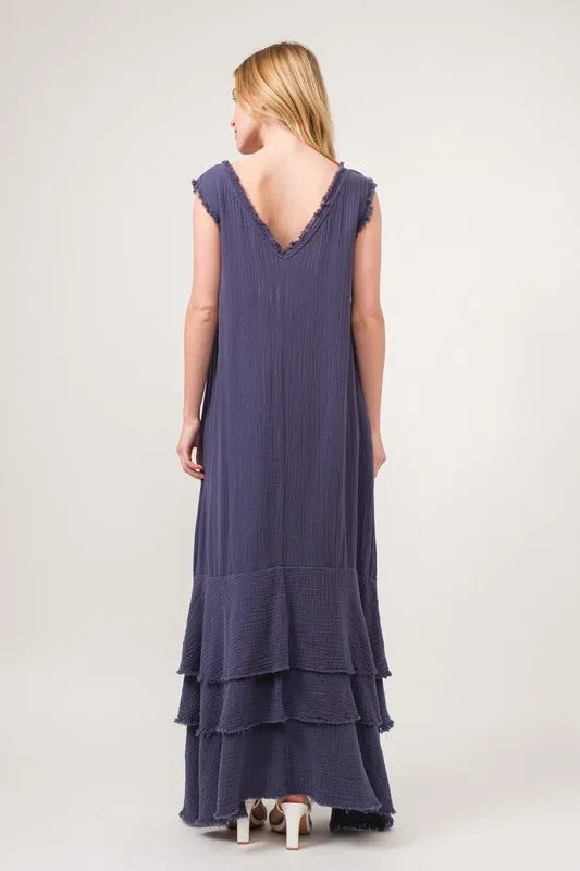 And The Why Washed Cotton Gauze Fringe Detail Tiered Dress - LoveNest Treasures