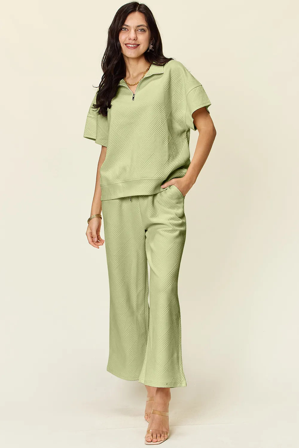 Double Take Full Size Texture Half Zip Short Sleeve Top and Pants Set - LoveNest Treasures